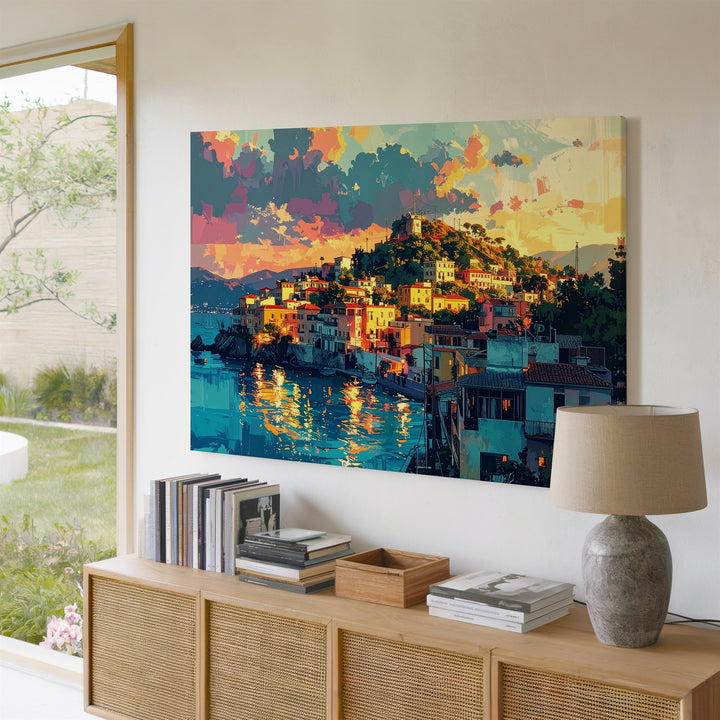Mediterranean Sunset Canvas – Dreamy Hillside Town Wall Art - Gifitto