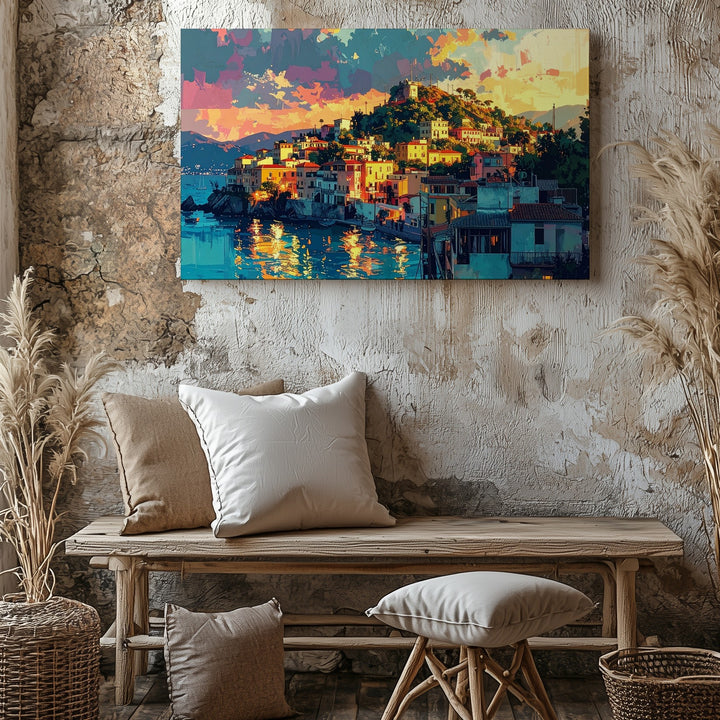 Mediterranean Sunset Canvas – Dreamy Hillside Town Wall Art - Gifitto
