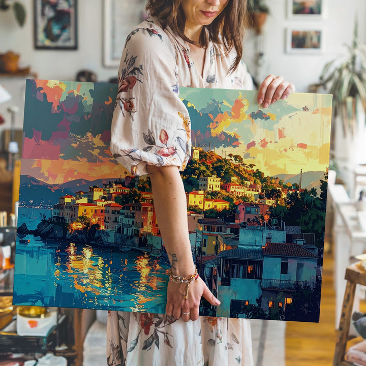 Mediterranean Sunset Canvas – Dreamy Hillside Town Wall Art - Gifitto