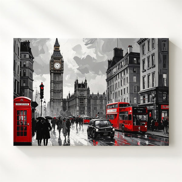 London Rain Scene Canvas – Grayscale Street with Red Bus & Phone Booth - Gifitto
