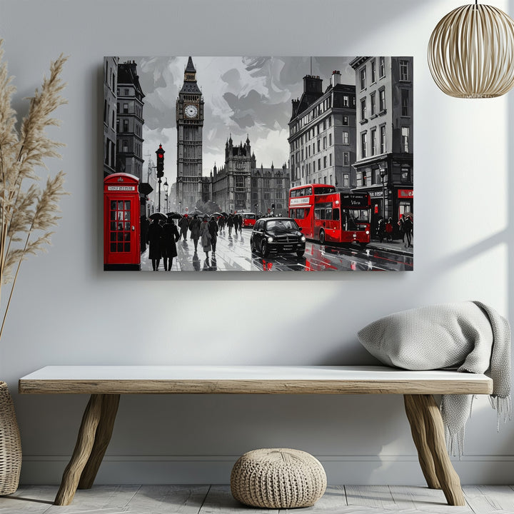 London Rain Scene Canvas – Grayscale Street with Red Bus & Phone Booth - Gifitto