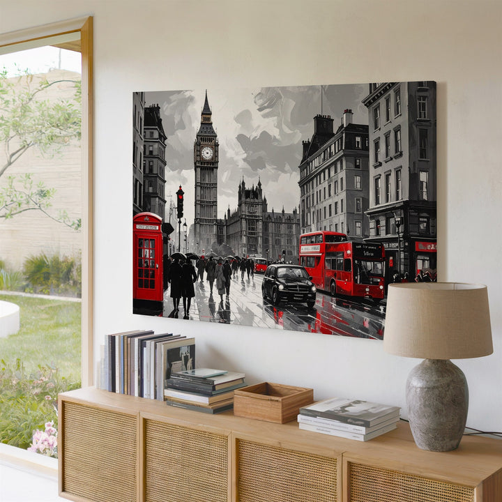 London Rain Scene Canvas – Grayscale Street with Red Bus & Phone Booth - Gifitto