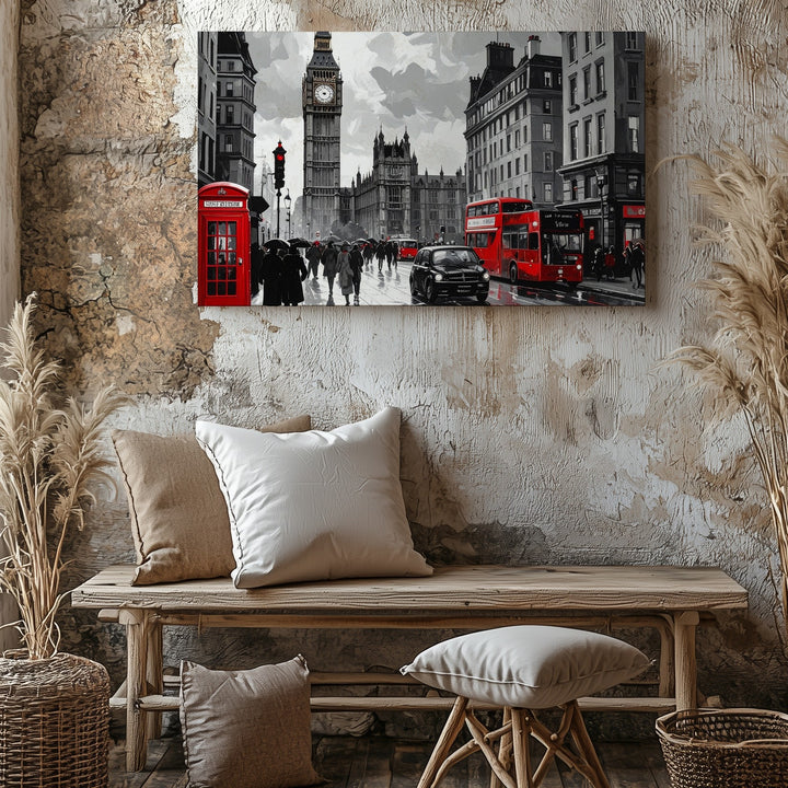 London Rain Scene Canvas – Grayscale Street with Red Bus & Phone Booth - Gifitto