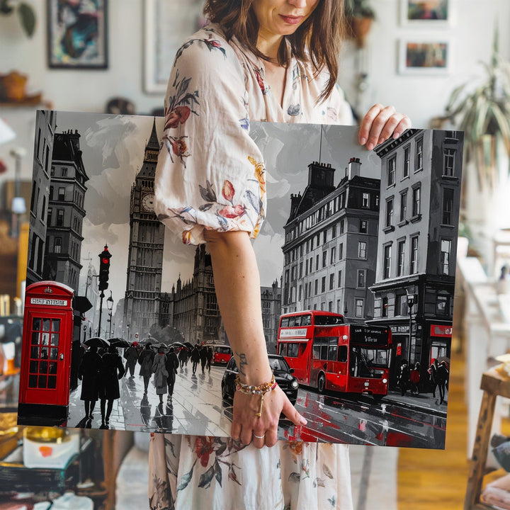 London Rain Scene Canvas – Grayscale Street with Red Bus & Phone Booth - Gifitto