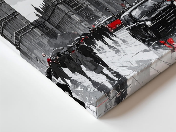 London Rain Scene Canvas – Grayscale Street with Red Bus & Phone Booth - Gifitto