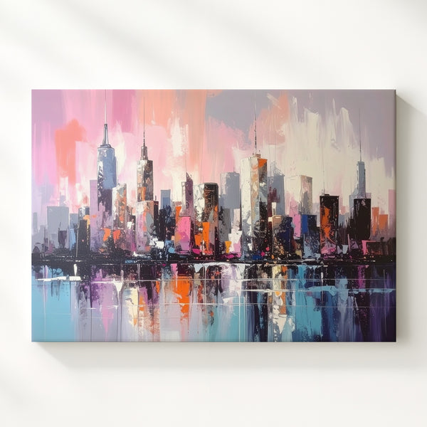 Pastel Skyline Reflection Canvas – Soft Modern Cityscape Wall Art - Gifitto