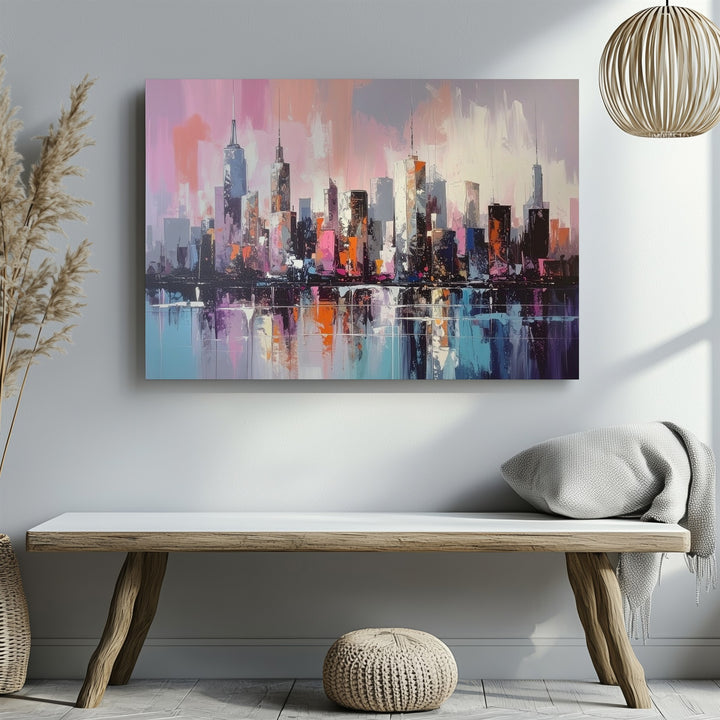 Pastel Skyline Reflection Canvas – Soft Modern Cityscape Wall Art - Gifitto