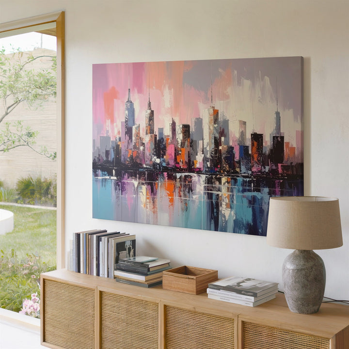 Pastel Skyline Reflection Canvas – Soft Modern Cityscape Wall Art - Gifitto