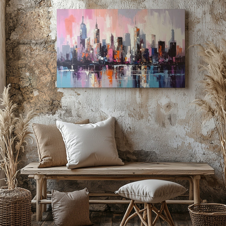 Pastel Skyline Reflection Canvas – Soft Modern Cityscape Wall Art - Gifitto