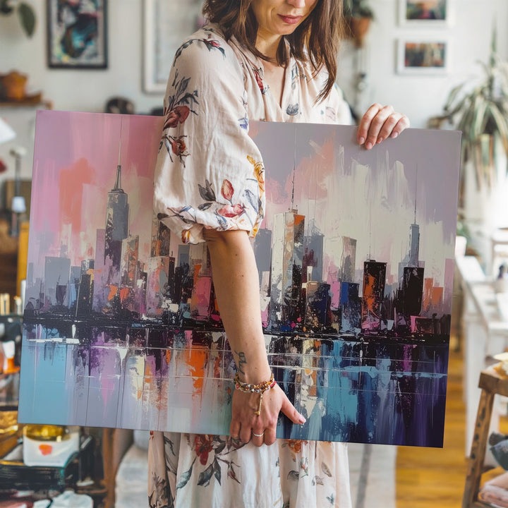 Pastel Skyline Reflection Canvas – Soft Modern Cityscape Wall Art - Gifitto