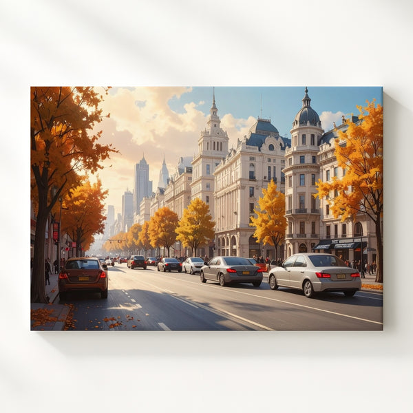Autumn Motion Boulevard Canvas – Cinematic City Street Scene Art - Gifitto