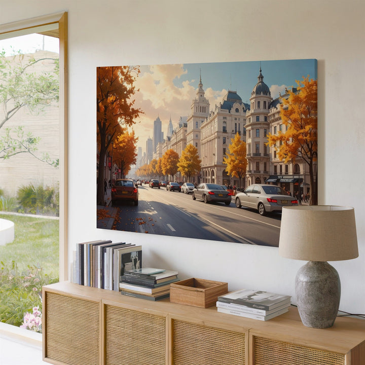 Autumn Motion Boulevard Canvas – Cinematic City Street Scene Art - Gifitto