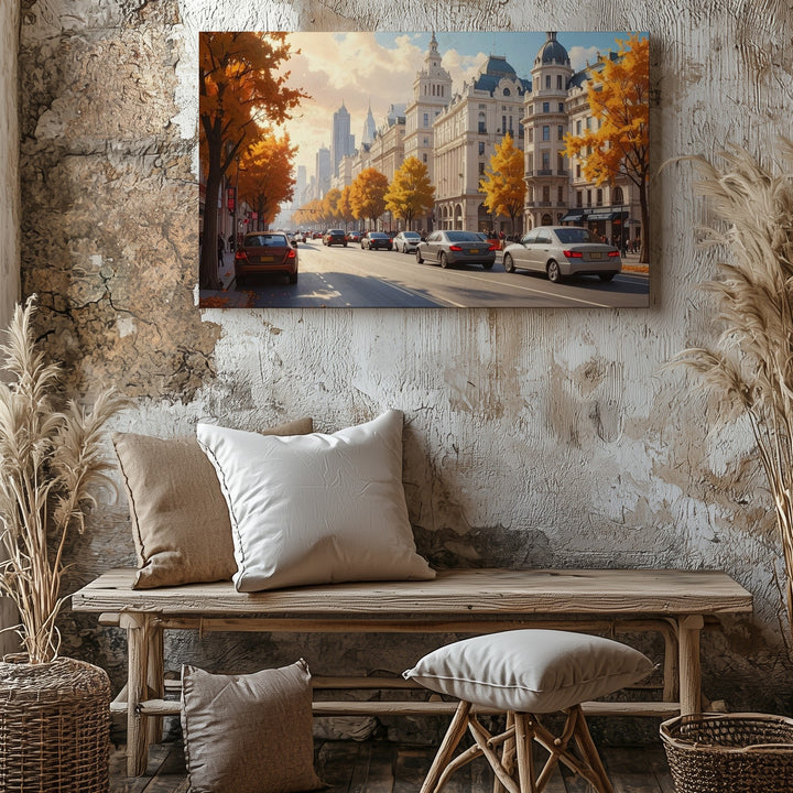 Autumn Motion Boulevard Canvas – Cinematic City Street Scene Art - Gifitto