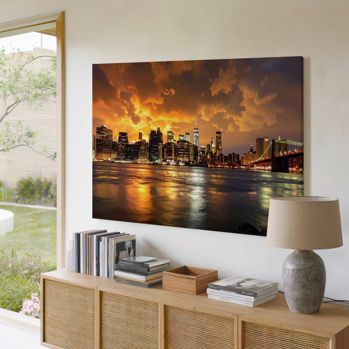 Golden Hour Manhattan Canvas – Sunset Skyline & River Reflection Art - Gifitto