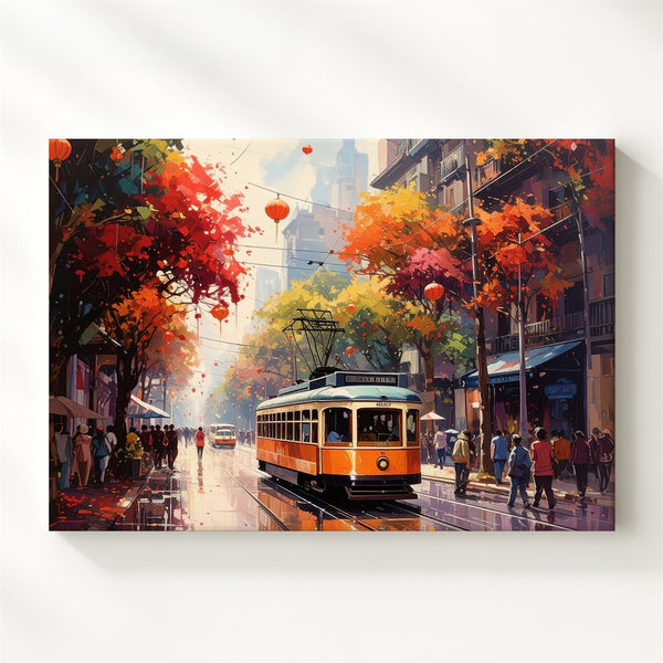 Autumn Tram Street Canvas – Vibrant Fall Cityscape with Lanterns Art - Gifitto