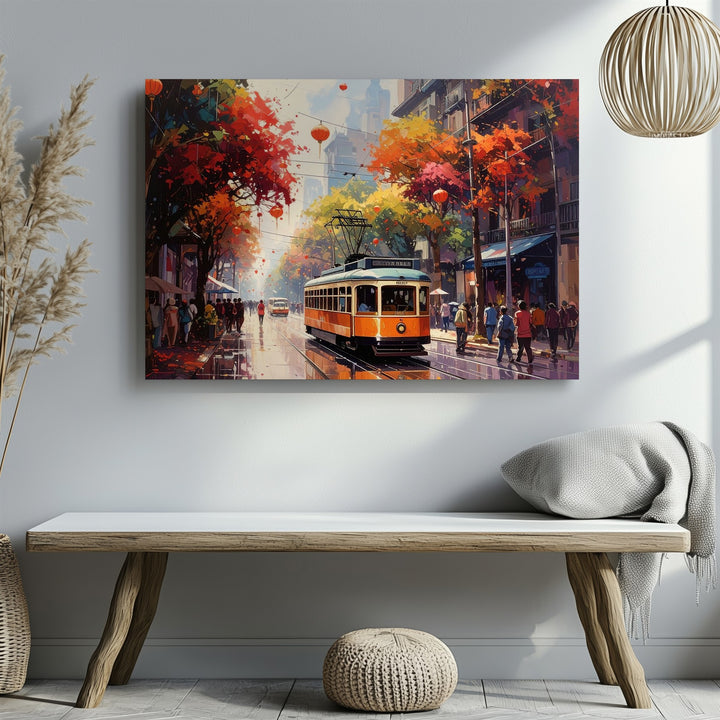 Autumn Tram Street Canvas – Vibrant Fall Cityscape with Lanterns Art - Gifitto