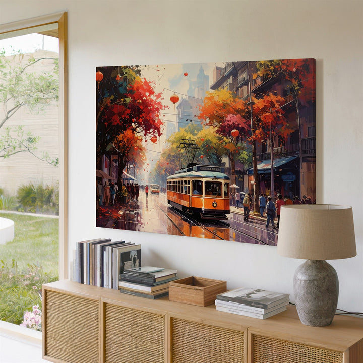 Autumn Tram Street Canvas – Vibrant Fall Cityscape with Lanterns Art - Gifitto