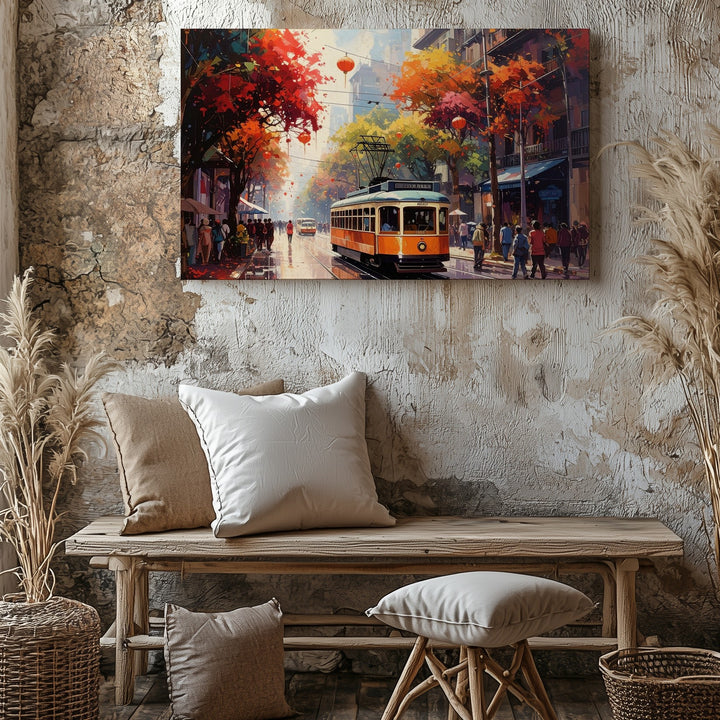Autumn Tram Street Canvas – Vibrant Fall Cityscape with Lanterns Art - Gifitto