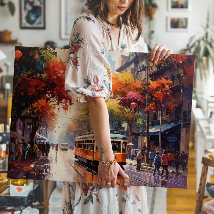 Autumn Tram Street Canvas – Vibrant Fall Cityscape with Lanterns Art - Gifitto
