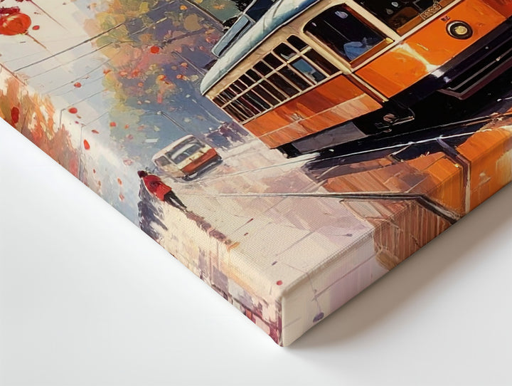 Autumn Tram Street Canvas – Vibrant Fall Cityscape with Lanterns Art - Gifitto