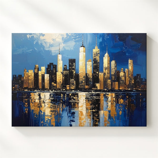 Impasto Skyline Canvas – Abstract Gold & Blue Cityscape Wall Art - Gifitto