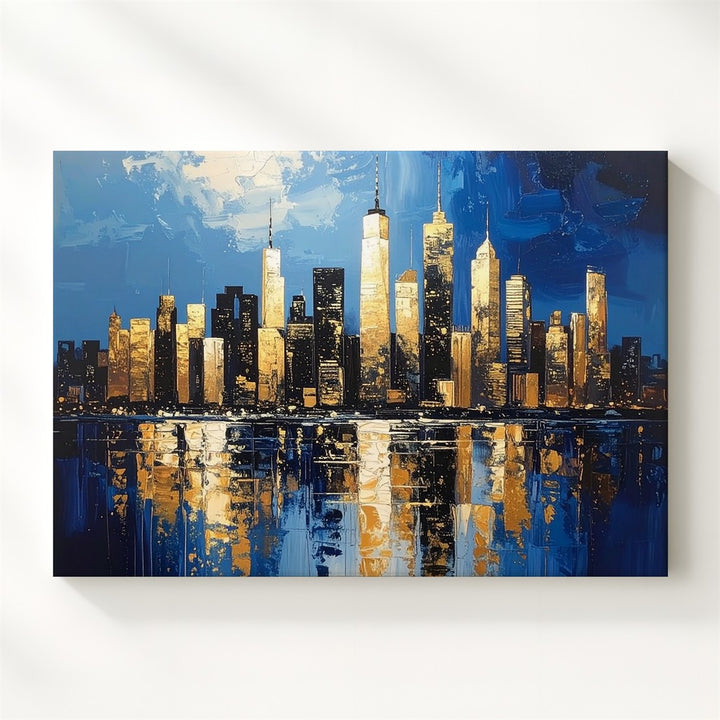 Impasto Skyline Canvas – Abstract Gold & Blue Cityscape Wall Art - Gifitto