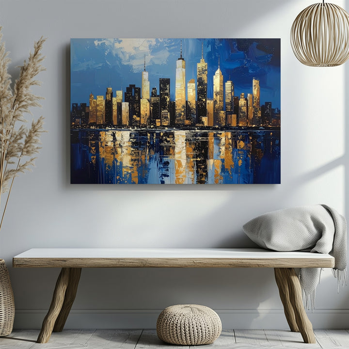 Impasto Skyline Canvas – Abstract Gold & Blue Cityscape Wall Art - Gifitto