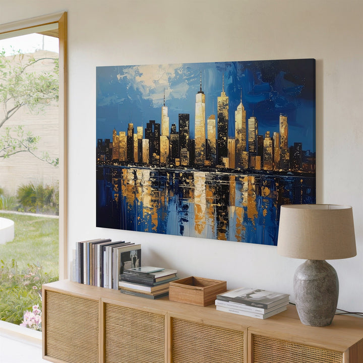 Impasto Skyline Canvas – Abstract Gold & Blue Cityscape Wall Art - Gifitto