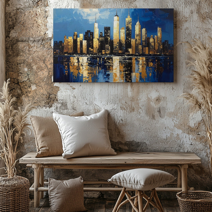 Impasto Skyline Canvas – Abstract Gold & Blue Cityscape Wall Art - Gifitto