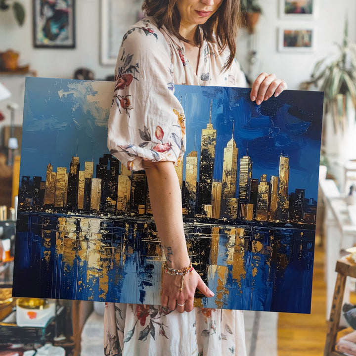 Impasto Skyline Canvas – Abstract Gold & Blue Cityscape Wall Art - Gifitto