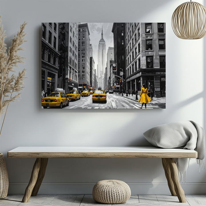 Yellow in the City Canvas – New York Street Scene with Taxis & Coat - Gifitto