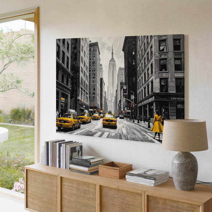 Yellow in the City Canvas – New York Street Scene with Taxis & Coat - Gifitto