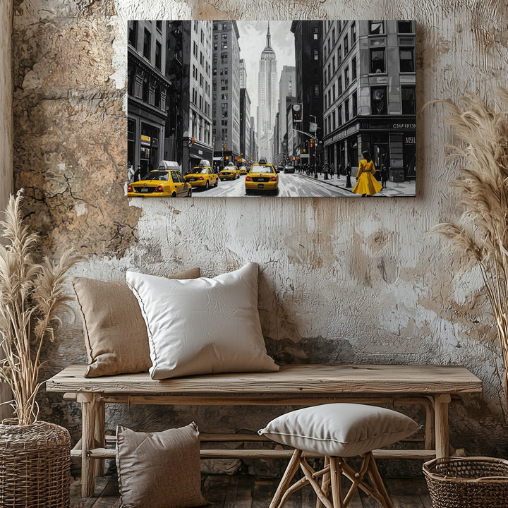 Yellow in the City Canvas – New York Street Scene with Taxis & Coat - Gifitto