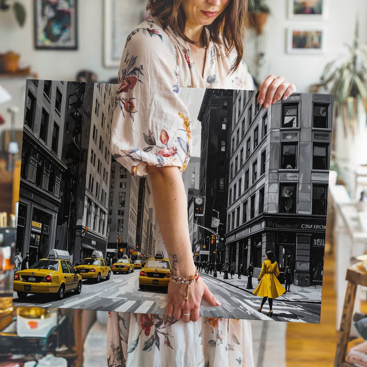 Yellow in the City Canvas – New York Street Scene with Taxis & Coat - Gifitto