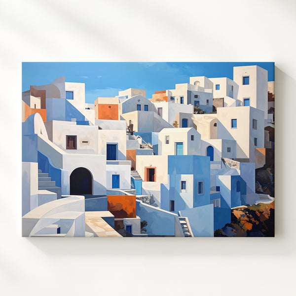 Sunlit Coastal Village Canvas – Mediterranean Cycladic Island Wall Art - Gifitto