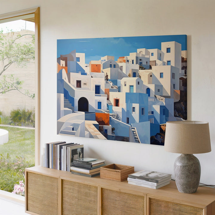 Sunlit Coastal Village Canvas – Mediterranean Cycladic Island Wall Art - Gifitto