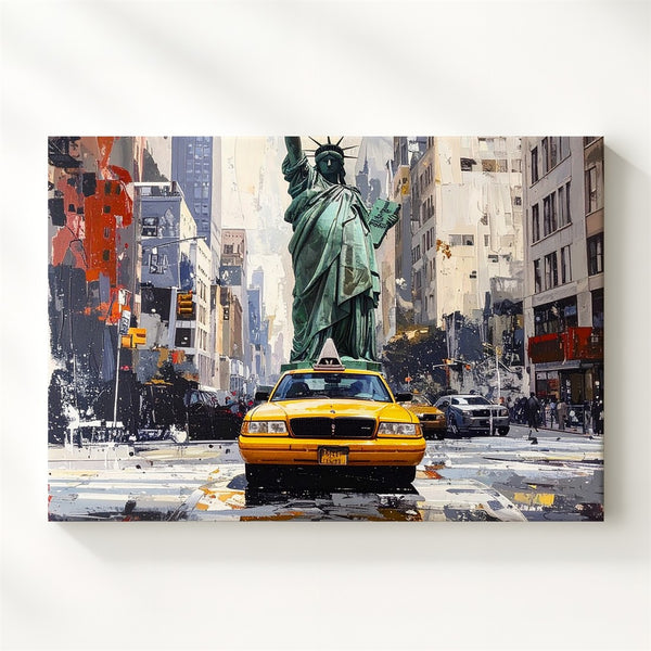 Grungy NYC Taxi & Liberty Canvas – Urban Grit Collage Wall Art - Gifitto