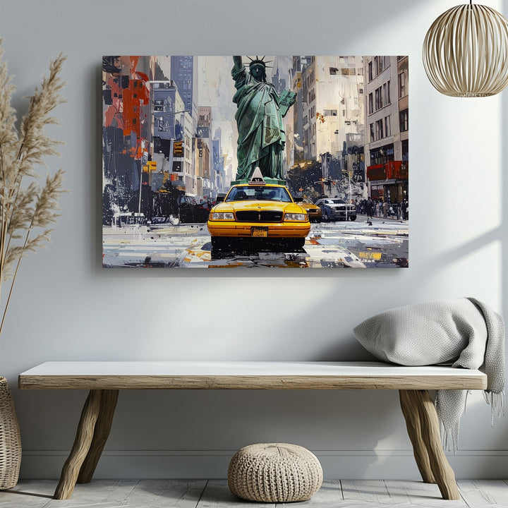 Grungy NYC Taxi & Liberty Canvas – Urban Grit Collage Wall Art - Gifitto