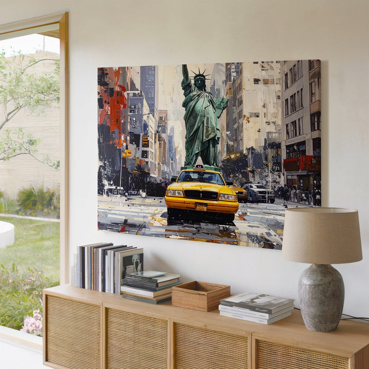 Grungy NYC Taxi & Liberty Canvas – Urban Grit Collage Wall Art - Gifitto