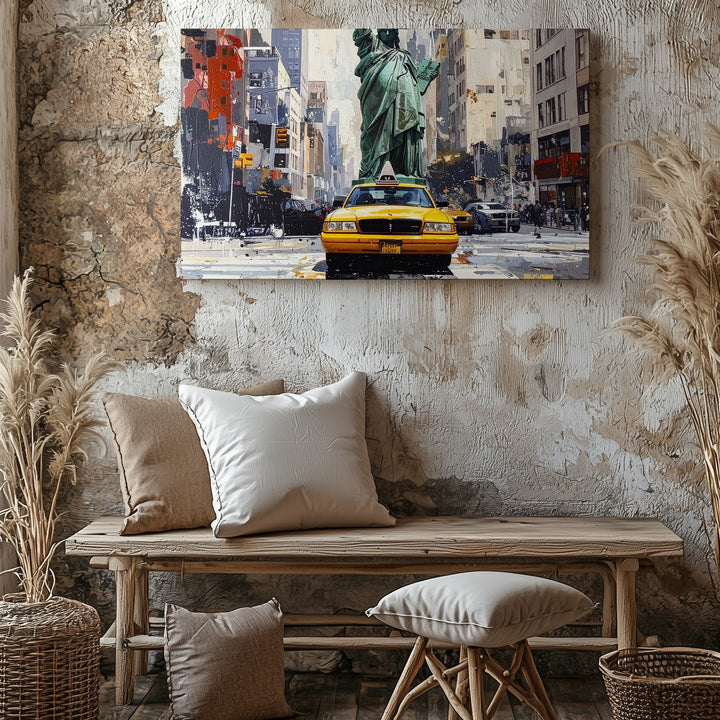 Grungy NYC Taxi & Liberty Canvas – Urban Grit Collage Wall Art - Gifitto