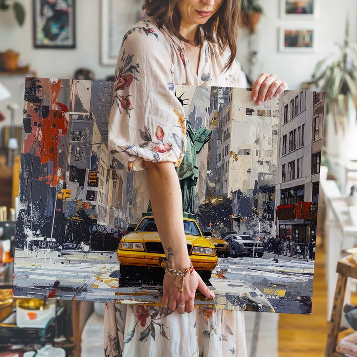 Grungy NYC Taxi & Liberty Canvas – Urban Grit Collage Wall Art - Gifitto