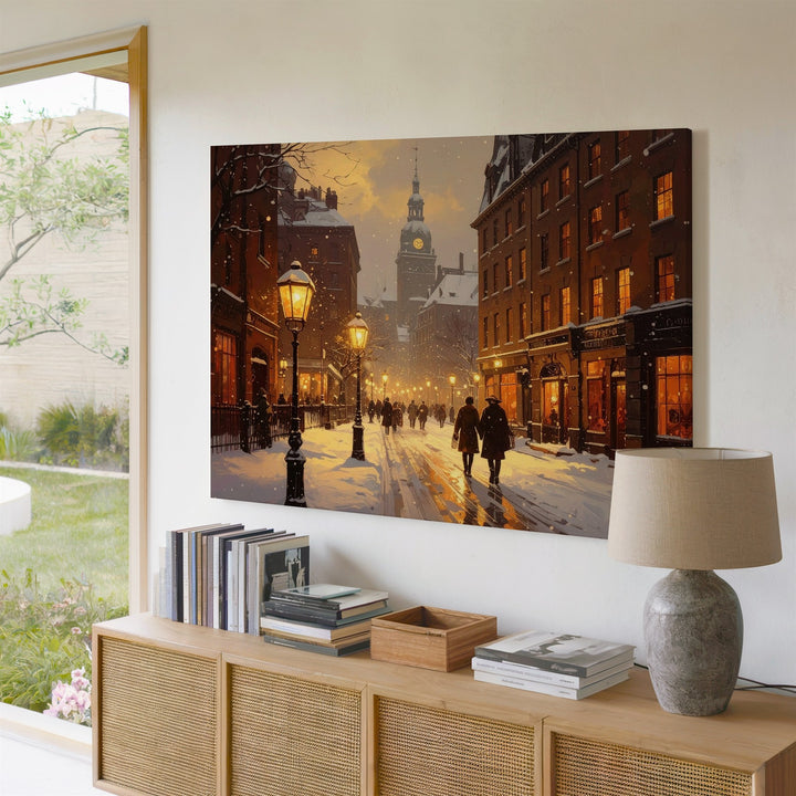 Twilight Snow Street Canvas – Romantic Winter Cityscape Wall Art - Gifitto