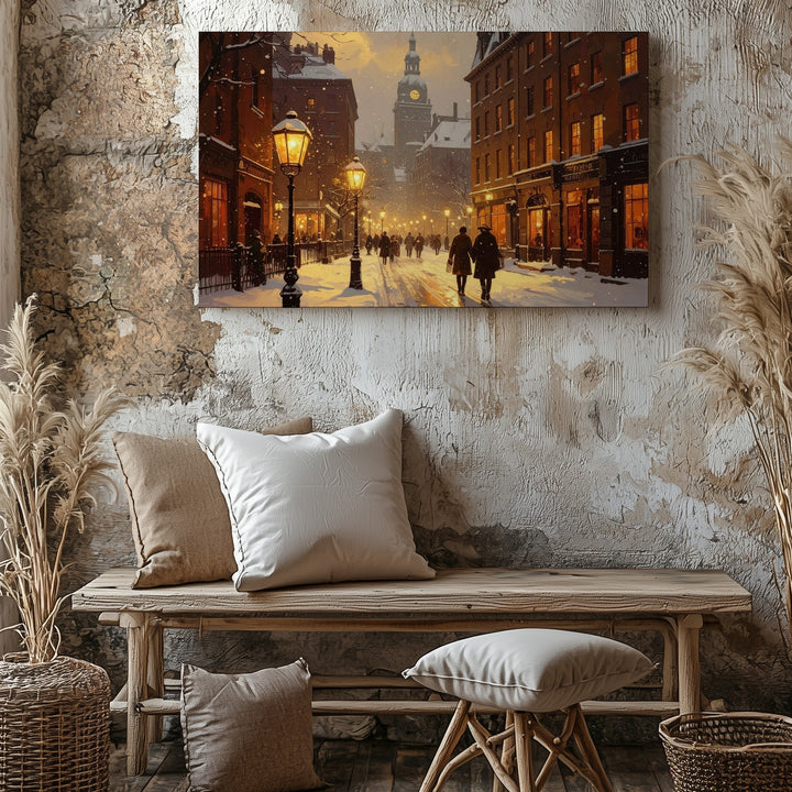 Twilight Snow Street Canvas – Romantic Winter Cityscape Wall Art - Gifitto