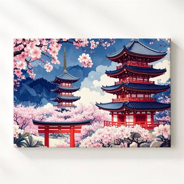 Japanese Pagodas & Cherry Blossoms Canvas – Stylized Traditional Art - Gifitto
