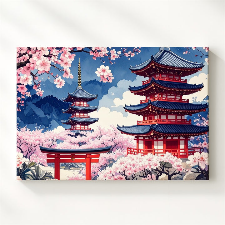 Japanese Pagodas & Cherry Blossoms Canvas – Stylized Traditional Art - Gifitto