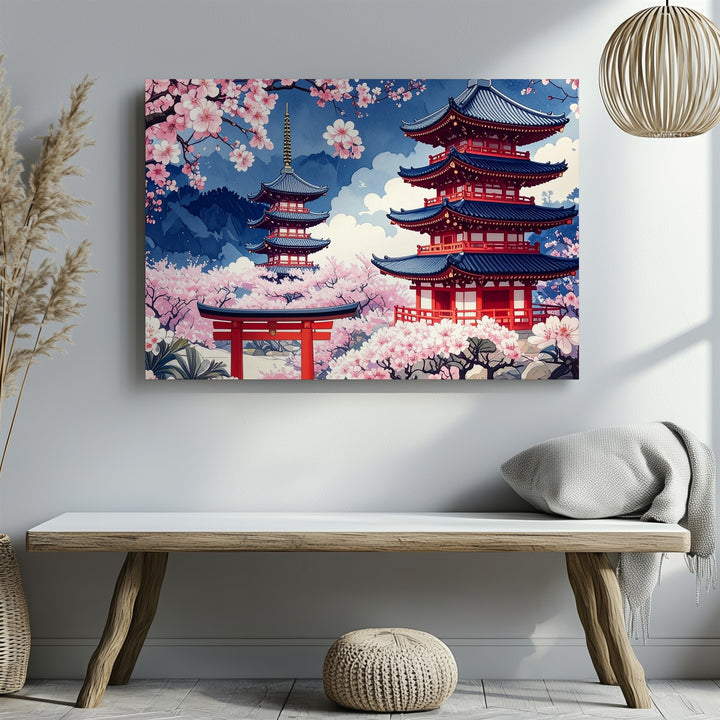 Japanese Pagodas & Cherry Blossoms Canvas – Stylized Traditional Art - Gifitto