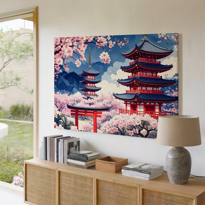 Japanese Pagodas & Cherry Blossoms Canvas – Stylized Traditional Art - Gifitto
