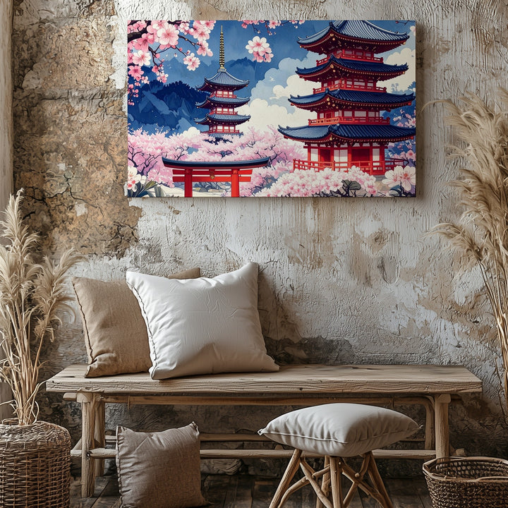 Japanese Pagodas & Cherry Blossoms Canvas – Stylized Traditional Art - Gifitto