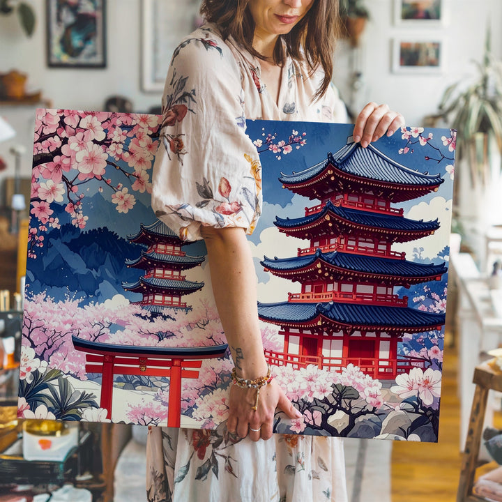 Japanese Pagodas & Cherry Blossoms Canvas – Stylized Traditional Art - Gifitto