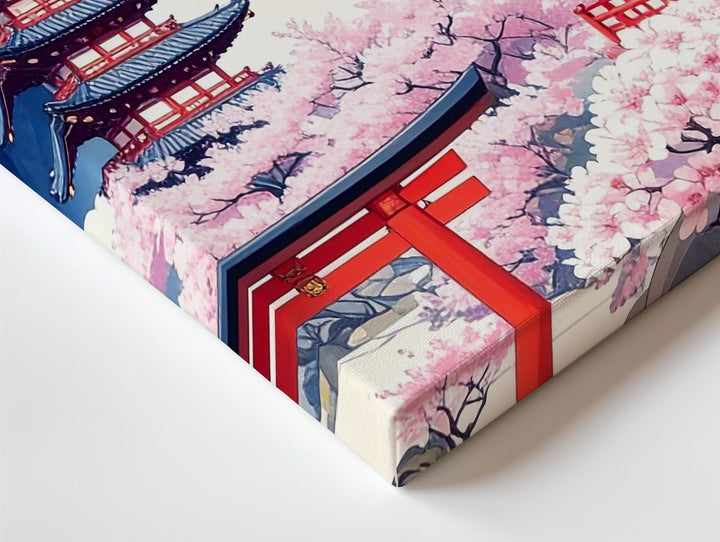 Japanese Pagodas & Cherry Blossoms Canvas – Stylized Traditional Art - Gifitto